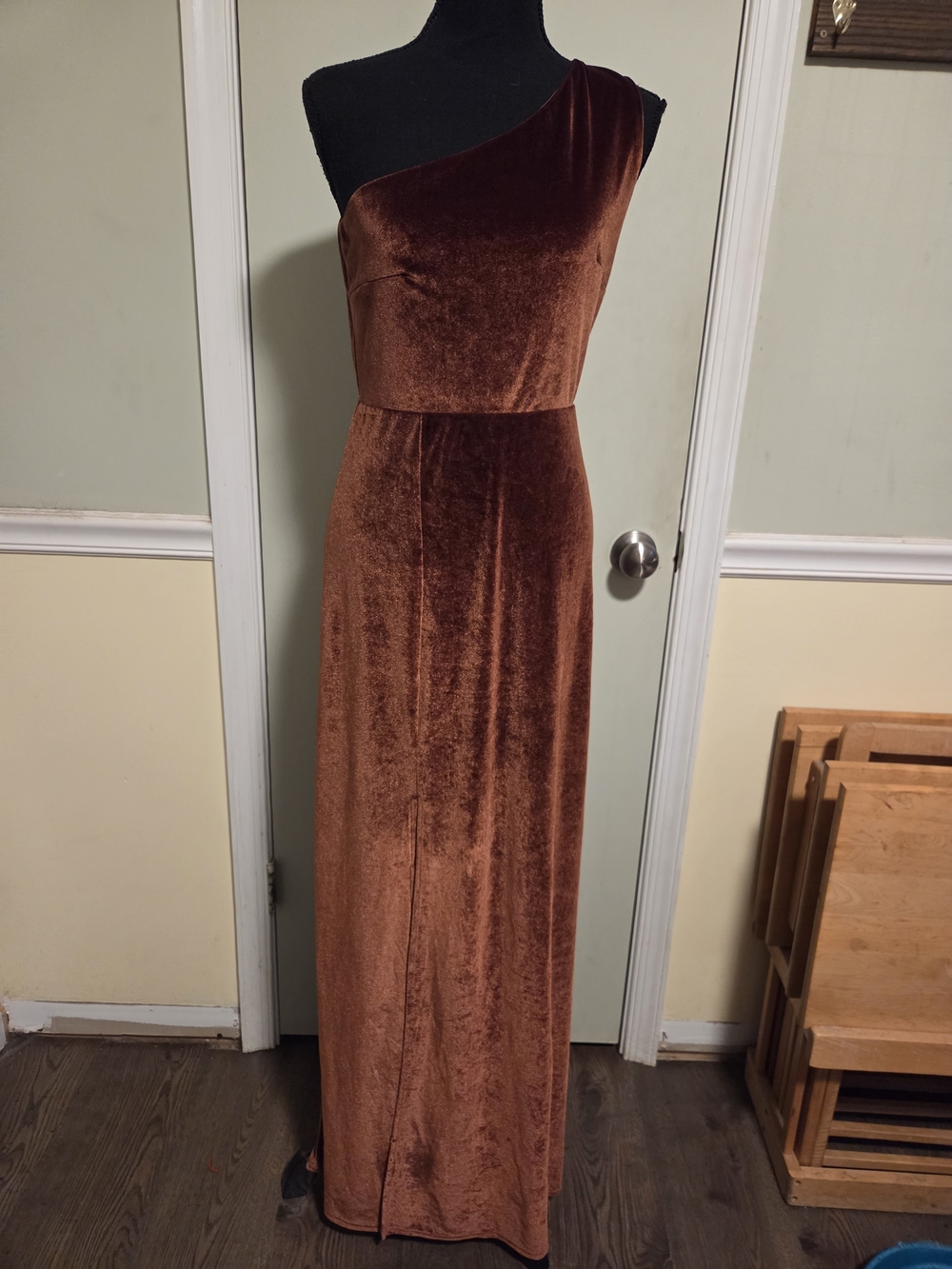 Baltic Born One-Shoulder Velvet Maxi Dress in Copper Brown
